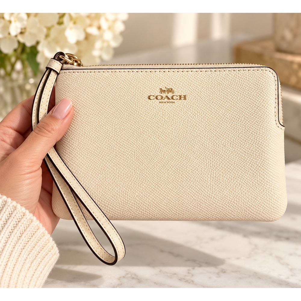 Coach Corner Zip Wristlet Chalk Crossgrain Leather Gold Logo 58032 NEW